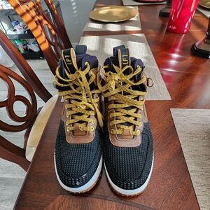 Black and Brown Nike Lunar Force 1 High-Top Sneakers with Yellow Laces